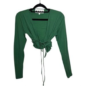 Wray Green Ribbed V Neck Long Sleeve Wraparound Tie Crop Top - Small